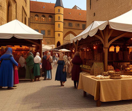 Ferias y fiestas de Salamanca. Mercado medieval. Imagen generada por IA.