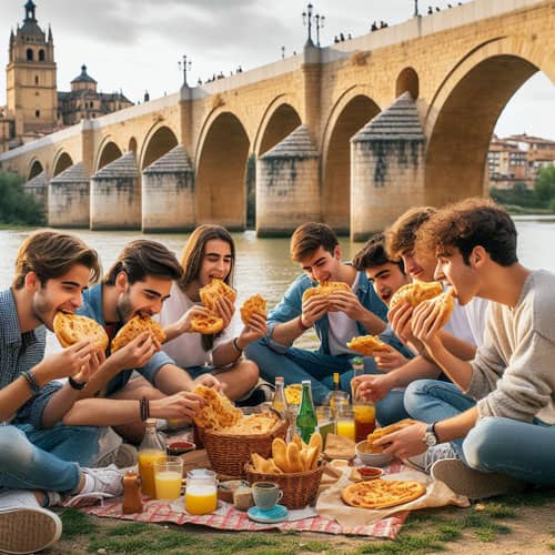 Jovenes comiendo hornazo en el Lunes de Aguas en Salamanca. Imagen generada por IA