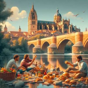 Personas comiendo hornazo en el Lunes de Aguas en Salamanca. Imagen generada por IA