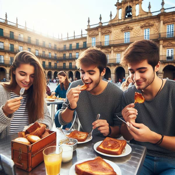 Jóvenes comiendo torrijas en la Plaza Mayor de Salamanca. Imagen generada por IA