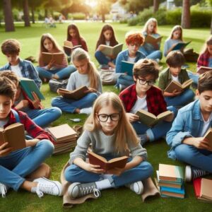 Niños y niñas leyendo en un parque. Imagen generada por IA