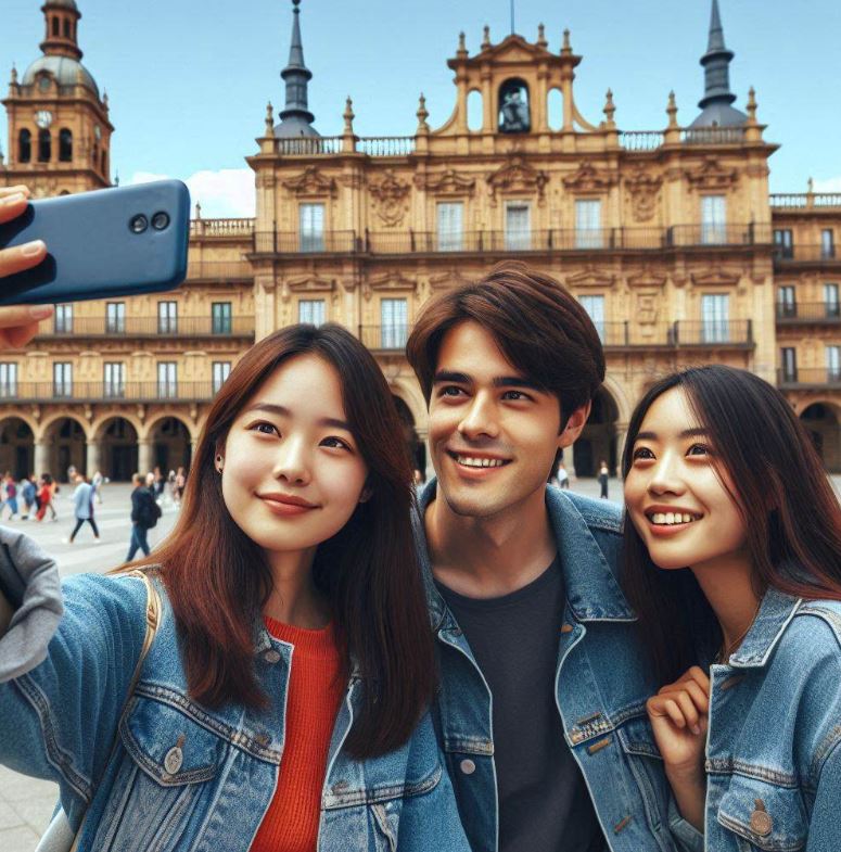 Personas sacándose un selfie en la Plaza Mayor de Salamanca. Imagen generada por IA