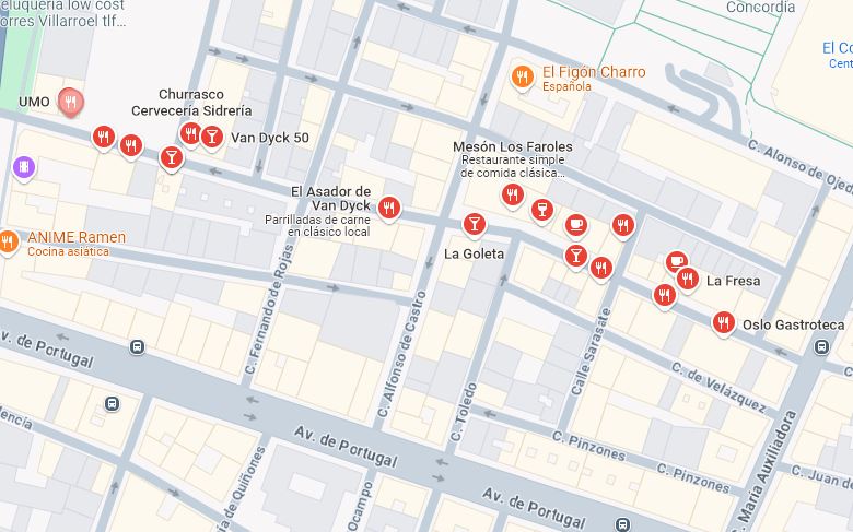 Mapa de la calle Van Dyck en Salamanca. Bares de tapas