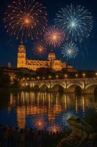 Fuegos artificiales sobre la catedral de Salamanca. Creada con IA