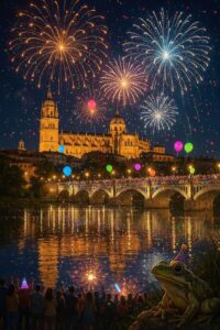 Fuegos artificiales sobre la catedral de Salamanca. Creada con IA