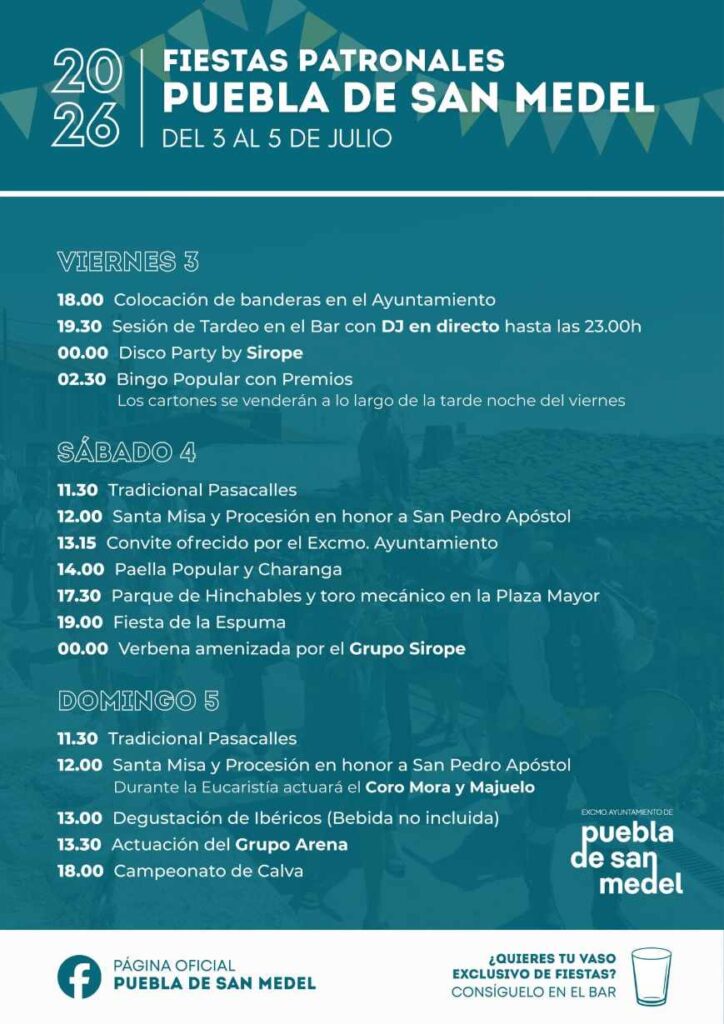 PROGRAMA FIESTAS PATRONALES PUEBLA DE SAN MEDEL 2026 SAN PEDRO APÓSTOL (AA)
